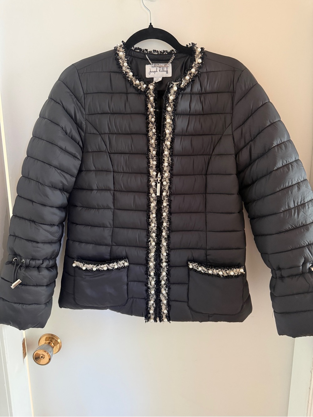 Joseph Ribkoff Black Quilted Pearl Tweed Trim Jacket Small Chic Puffer